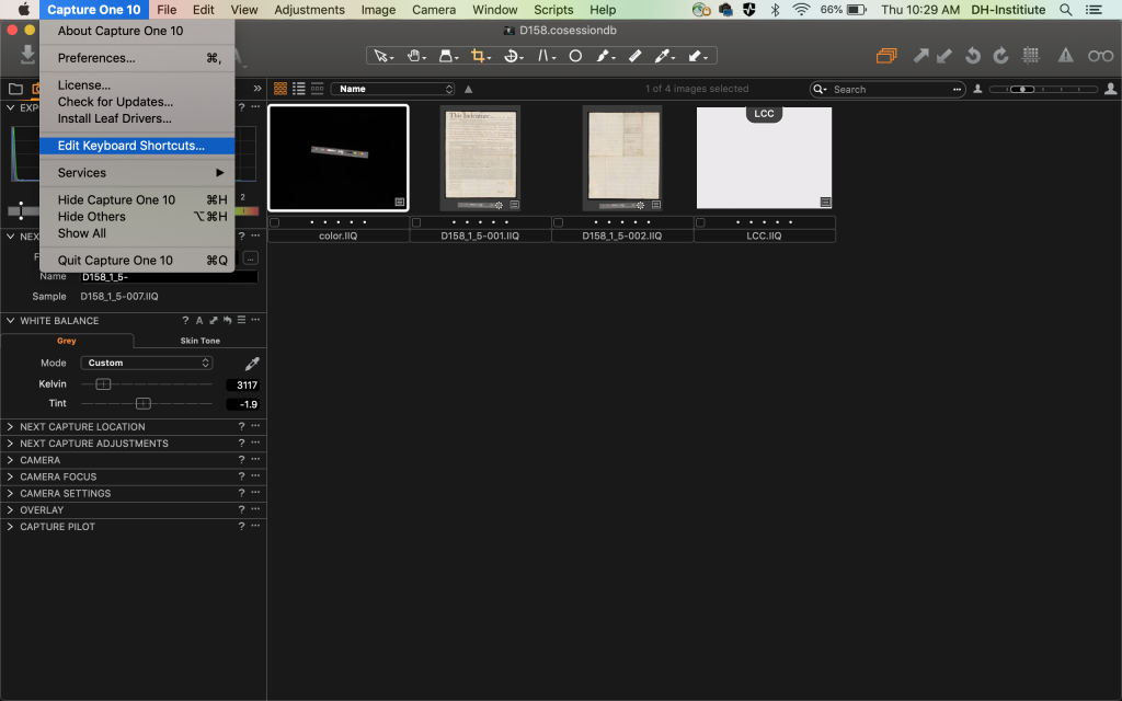 Screencapture of Capture One 10 Menu